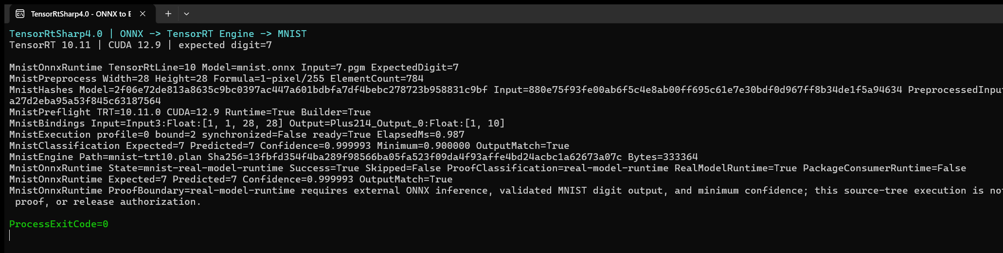 OnnxToEngine MNIST 真实 Windows Terminal 运行窗口