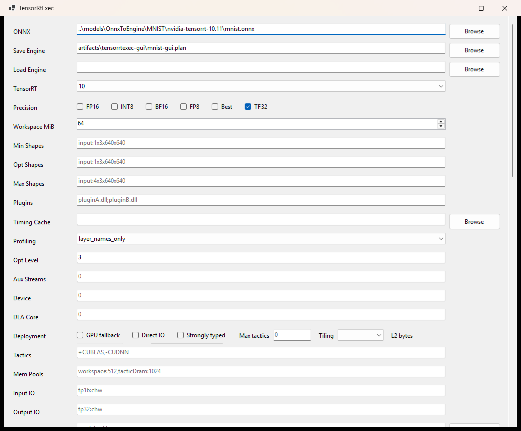 TensorRtExec GUI 真实模型构建配置页
