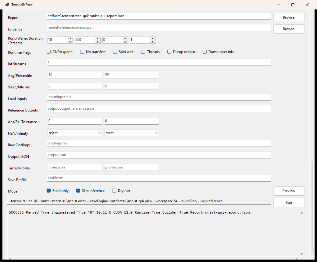 TensorRtExec GUI 真实 Engine 构建成功结果页